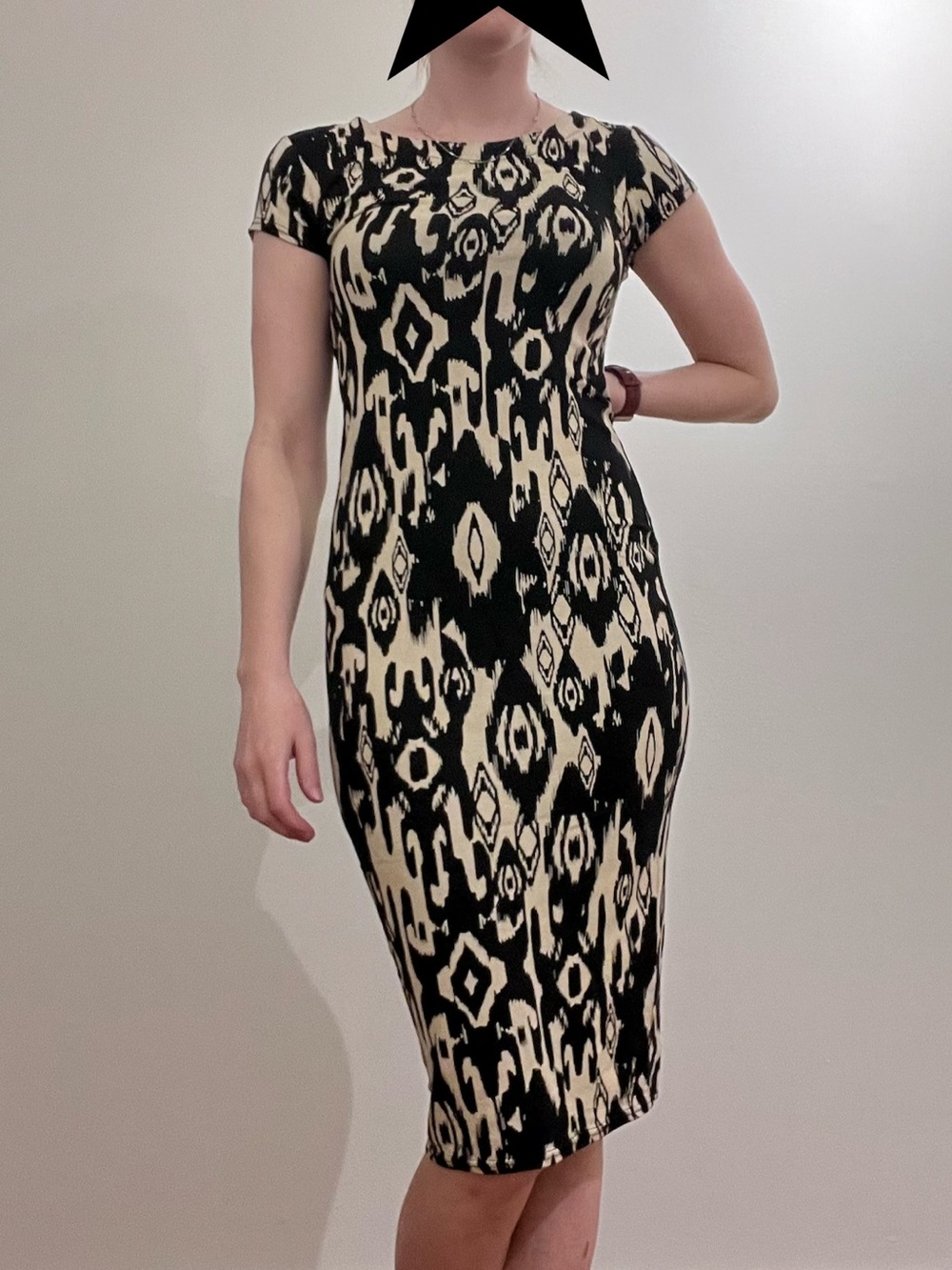 Black and Cream Printed Midi Sheath Stretch Dress